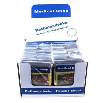 20 Rettungsdecken im Verkaufsdisplay HOLTHAUS Medical Shop gold silber 210 x 160 cm