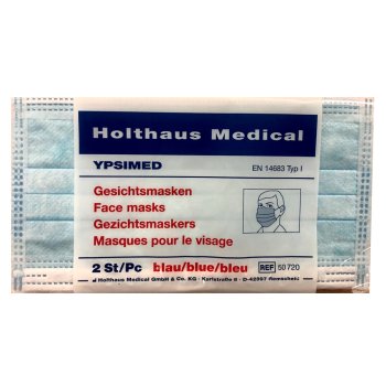 2 Stück YPSIMED Einmal-Mund- und Nasenmaske nach EN 14683 HOLTHAUS blau im staubdichten Schlauchbeutel