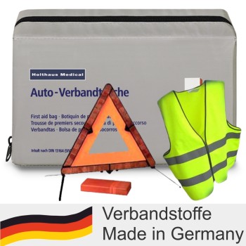 KFZ Klassik Verbandtasche + Warnweste gelb + Nano Warndreieck HOLTHAUS Verbandkasten mit Füllung nach DIN 13 164 grau