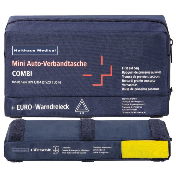 Mini 3 in1 KFZ Verbandtasche HOLTHAUS mit Warndreieck und Warnweste Verbandkasten nach DIN 13164